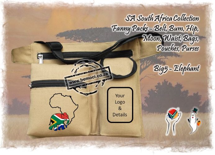 South African Flag Fanny Packs, Belt Bum Hip Waist Moon Bags, Packs, Pouches and Purses, Cotton Canvas, Big 5 Elephant, Customized and Personalized to your specifications